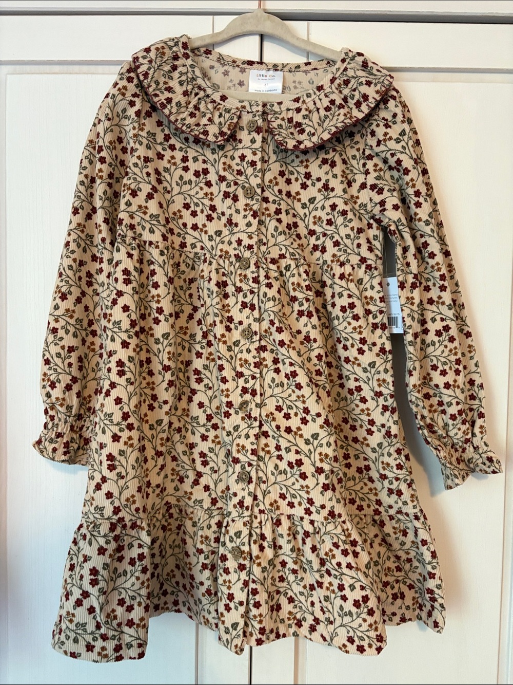Little Cotton Organic Cotton Dress for Girls in Cream with Burgundy Floral Print